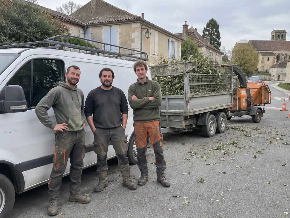 Une équipe d'élagueurs devant leur camion, dans un village du Gers